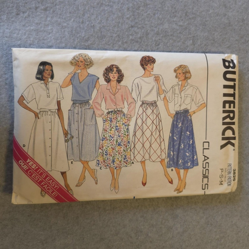 UNCUT Butterick 3826‎ Misses Skirt Pattern P-S-M Classics Easy Front Button